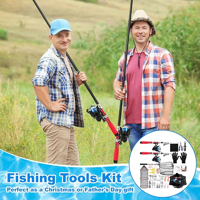 51 Pcs Father's Day Fishing Rods Combo 6.89ft Telescopic Freshwater Pole Set with Plier Lip Gripper Lures Carrier Bag Pre Loaded Spinning Reel with Freshwater Rod Reel Kit Men Gift