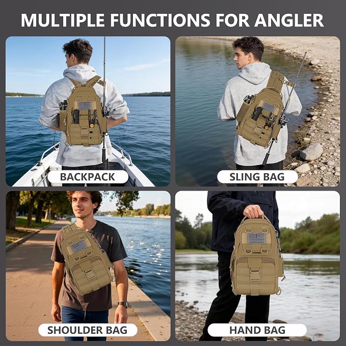 GMAK Fishing Backpack Tackle Sling Bag, Tactical Fishing Tackle Backpack with Rod & Gear Holder, Lightweight Outdoor Water-Resistant Tackle Gear Pack Shoulder Bags for Men Women, Khaki