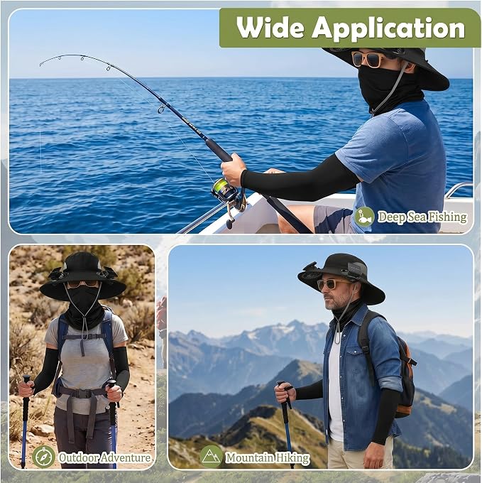 Syhood Solar Powered Fan Hat Neck Gaiter Arm Sleeves Sun Bucket Hat with Fan Cooling Wide Brim Hats for Fishing Hiking