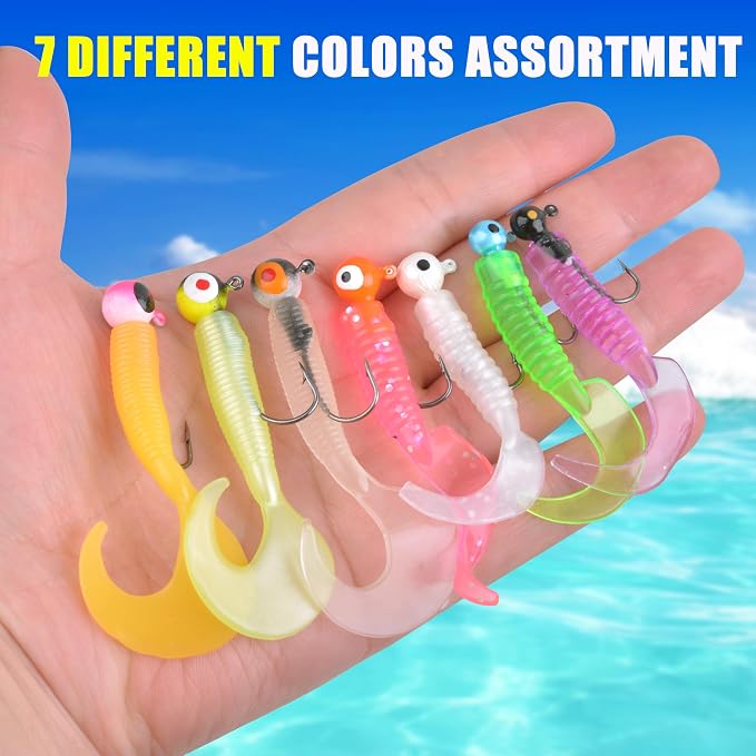 Grub Lures Fishing Jigs Head Hooks Kit- Crappie Jigs Soft Plastic Grub Tail Worm Lure Bait Buster Tubes Baits for Bass Trout Saltwater Freshwater Fishing