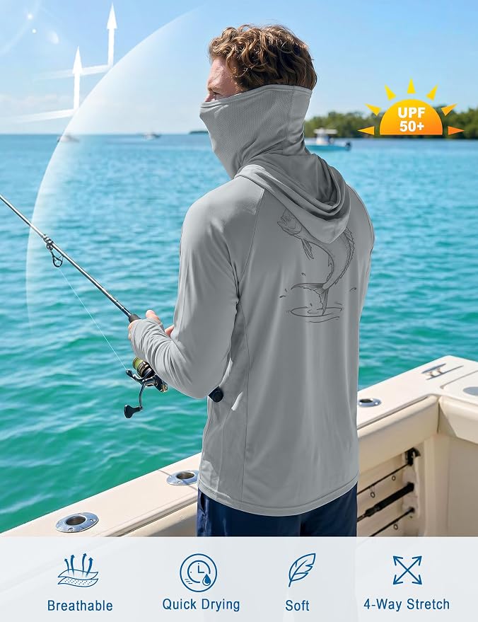 Men's UPF 50+ Long Sleeve Fishing Hoodie, UV Protection Sun Shirt with Hood Mask, Hooded Graphic Shirts for Outdoor