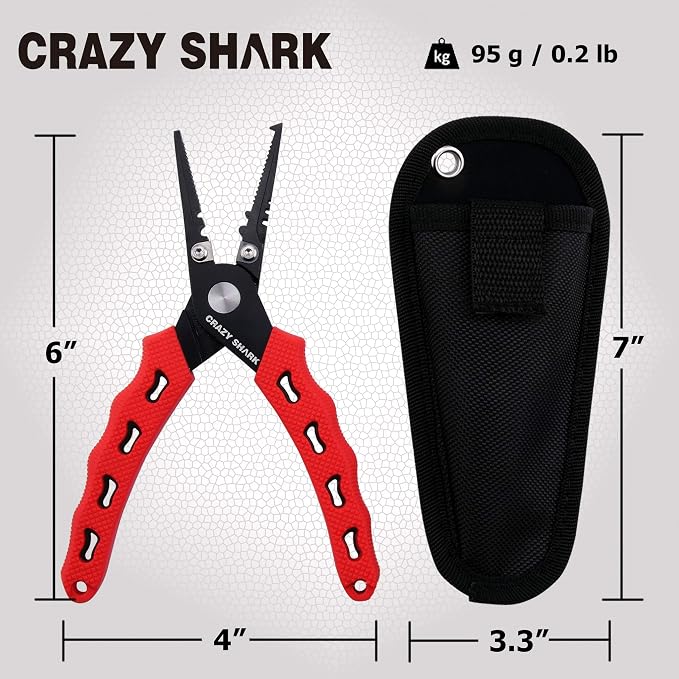 Fishing Pliers, Stainless Steel Fishing Tools, Saltwater Resistant Fishing Gear, Tungsten Carbide Cutters, Split Ring Pliers, Hook Remover with Coiled Lanyard and Sheath