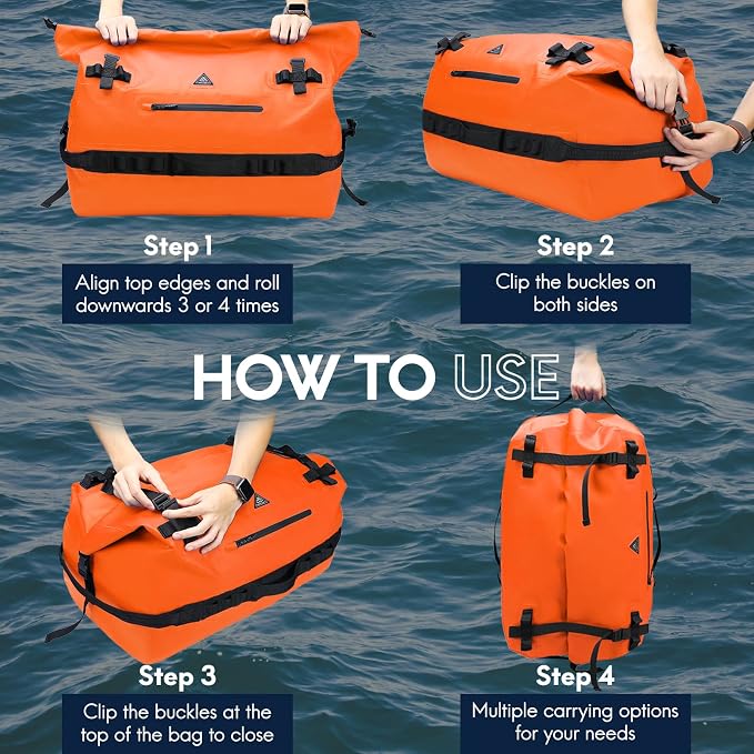 Haimont IPX7 Waterproof Roll-Top Dry Duffel Backpack | 60L/90L Sizes, 500D Tarpaulin, Welded Seams, Mesh Pockets, Boating & Kayaking