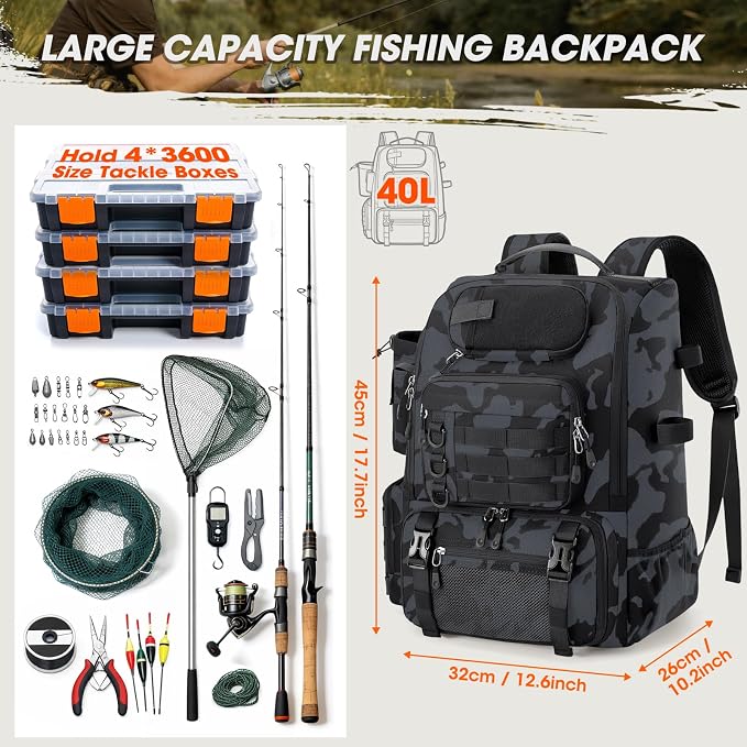 RAINSMORE Fishing Backpack with Rod Holders & Cooler 40L Water Resistant Tackle Backpack with Rain Cover Store Fishing Gear