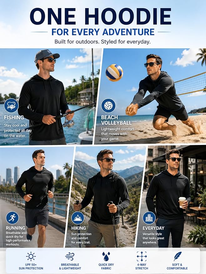 ZITY 3 Pack Men's Sun Protection Hoodie Shirt Fishing Shirts for Men UPF 50+ Long Sleeve Shirt Lightweight Rash Guard