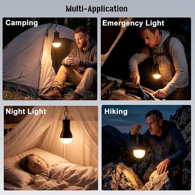 Camping Tent Lantern,LED Camping Lights,Portable Outdoor Waterproof Emergency Light Bulb,Camping Gear,Super Bright,Tent Lamp for Camping,Hiking,Party,Backpacking,Fishing,Power Failure,4 Packs(Black)