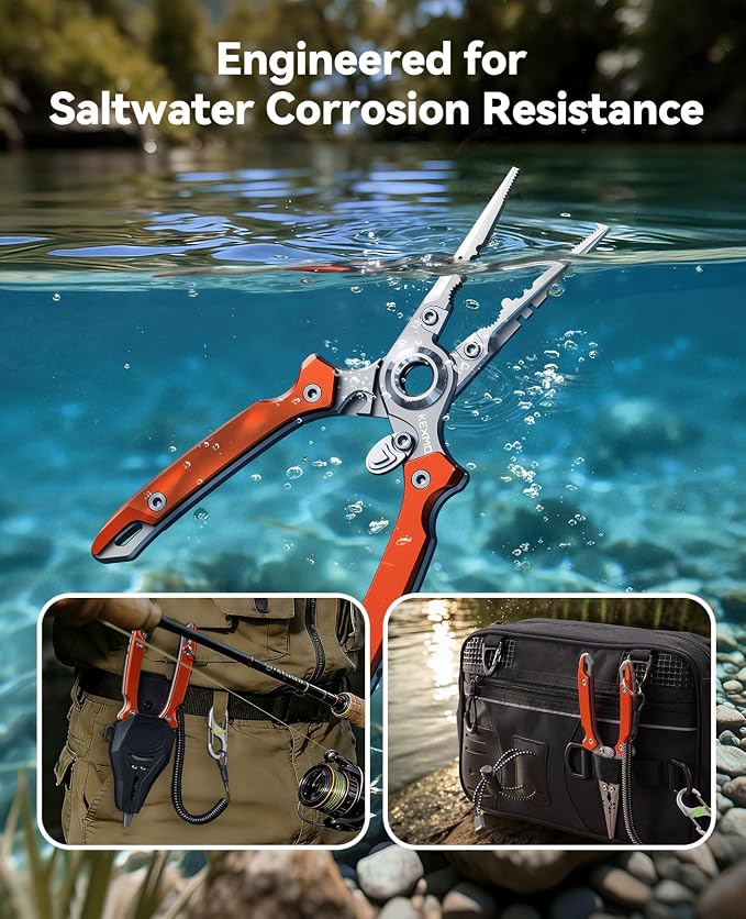 KEXMO 17-4 Stainless Steel Fishing Pliers, Anti-Twist Saltwater Hook Remover Tool, 7.17" Split Ring Pliers with Tungsten Cutters, Lightweight Aluminum Scales, Luminous Locking S-Carabiner