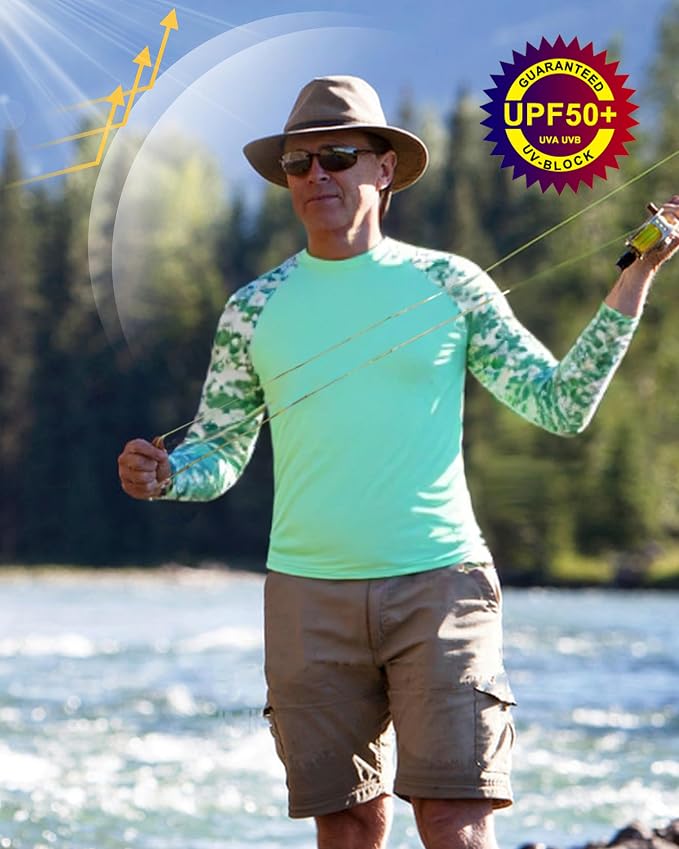 FISHEAL Men's Long Sleeve Fishing Shirts, UPF 50+ Camo Sun Protection Rash Guard, UV Shirt for Swimming Hunting Outdoor