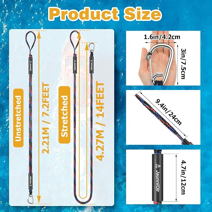 JaunniQir Bungee Dock Lines for Boats 7.2 Feet, 2 Pack Dock Lines with 316 Stainless Clips for PWC, Jet Ski, Kayak, Watercraft, Pontoon, Shock Absorbing Tie Off Downs Boat Mooring Ropes Accessories