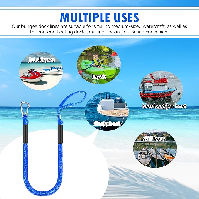 Boat Bungee Dock Lines – Adjustable Boat Tie Downs for Pontoon, Jet Ski, PWC, Kayak | Single Hook Small Cruiser Mooring Lines (2, Blue, 4 Feet)