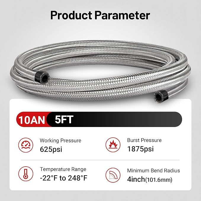 EVIL ENERGY 10AN Fuel Line Nylon CPE, 5FT AN10 Braided Fuel Hose Silver