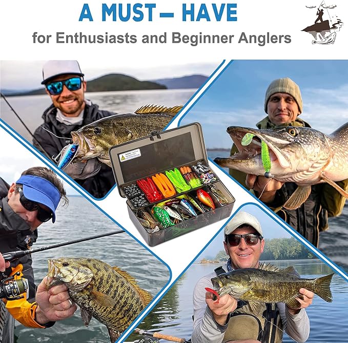 PLUSINNO Fishing Lures Fishing Tackle Box Fishing Gifts for Men, Bass, Trout Fishing Accessories Kit for Saltwater & Freshwater Fishing Gear Including Topwater Lures, Hooks, Spinnerbaits