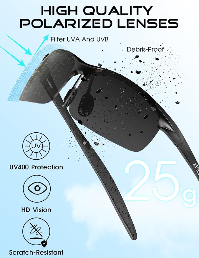 ATTCL 0.9 oz Polarized Sunglasses Men Sports: UV Protection Anti Glare Wrap Around Lightweight Metal Fishing Golf Running