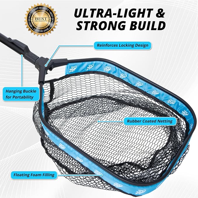 Floating Fishing Net, Collapsible Landing Net, Fish Net with Rubber Coated Polyethylene Netting for Bass, Trout, Fly Fishing, Kayak & Boat Fishing
