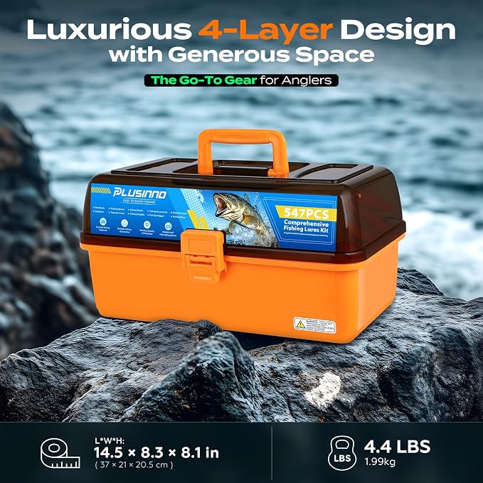 PLUSINNO Large 4-Layer Tackle Box with Tackle Included, 547Pcs Fishing Lures Kit - Pliers, Crankbait, Hooks, Weights & Accessories - Freshwater Bass Fishing Bait Lure Gear and Equipment, Gift for Men