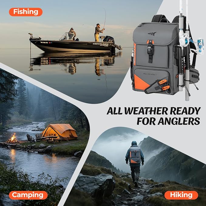 KastKing All Weather Fishing Tackle Backpack with 4 Waterproof Tackle Boxes & Removable Rod Holders,Waterproof ArmorShield Fabric Fishing Bag Storage Fishing Gear