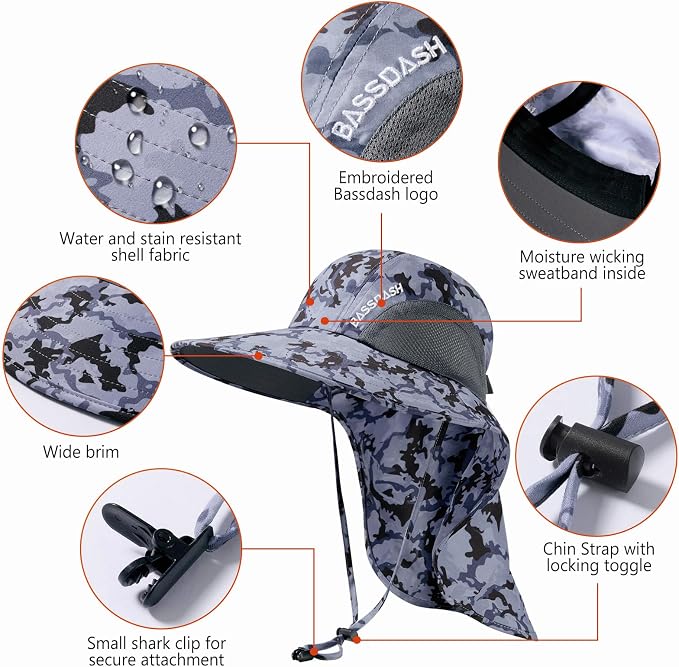 BASSDASH UPF 50+ Unisex Water Resistant Wide Brim Sun Hat with Large Neck Flap Ponytail Fishing Hat for Men Women