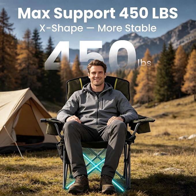 Oversized Camping Chairs for Adults 2 Pack Heavy Duty 450LBS Thick 600D Oxford Fabric Outdoor Waist Support Folding Camping Chairs with Cup Holder and Ice Bag for Sports, Fishing, Lawn (Black & Green)