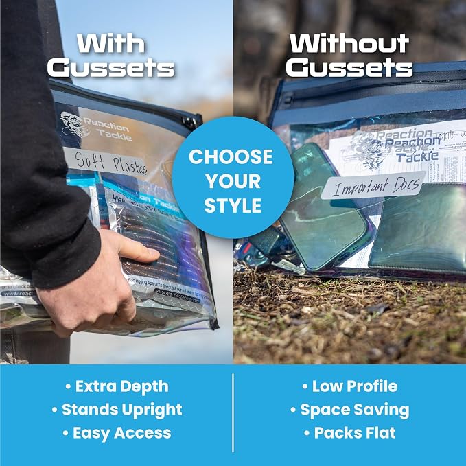 Reaction Tackle Waterproof Clear Tackle Bags, Dive Rated Zipper Submersion Proof Storage for Soft Plastics and Lures, Gusseted and Flat for Boats and Kayaks (2-Pack)