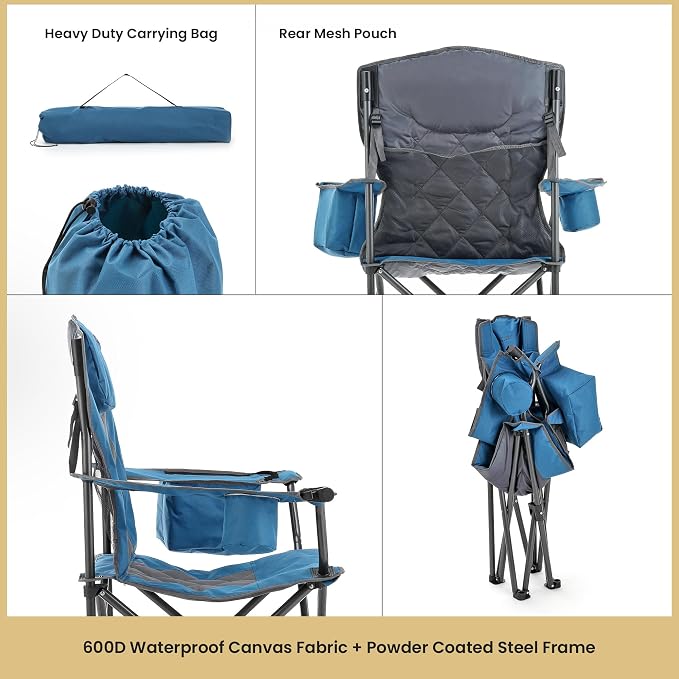 ARROWHEAD OUTDOOR Deluxe Folding Camp Chair – 550lb Capacity Heavy-Duty Quad Chair with Integrated Cooler, Headrest, and Dual Cup Holders.