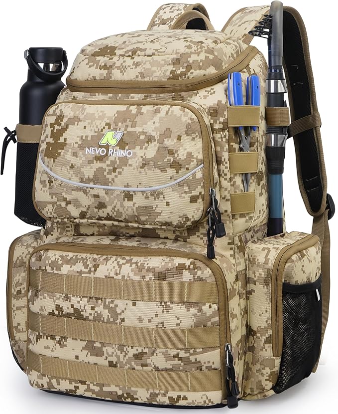 N NEVO RHINO Fishing Tackle Backpack with Rod Holders, 40L Large Fishing Bag with Waterproof Rain Cover,Outdoor Tackle Bag