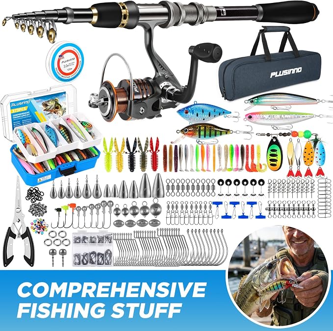 PLUSINNO Fishing Gear - Telescopic Fishing Rod and Reel Combo with Tackle Box, Collapsible Rod and Lures Box, Travel Fish Pole Starter Kit, Fishing Accessories Tackle Lure Kit Gifts for Men Bass Trout
