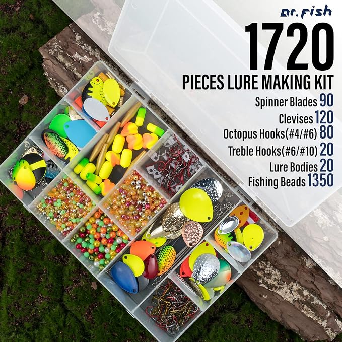 Dr.Fish 1720-Pieces Spinner Making Kit, Walleye Rig Lure Making Suppies, 90 Colorado Indiana Spinner Blades Lure Parts with Tackle Box, Crawler Worm Harness Spinnerbait