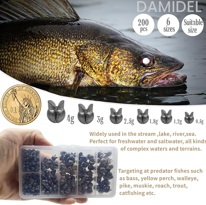 200Pcs/Box Big Size Removable Split Shot Fishing Sinkers(1/7oz,1/9oz,1/10oz,4/50oz,1/25oz,1/50oz Mixed)，Adjust Open Mouth Design Fishing Weights Clip for Freshwater Saltwater