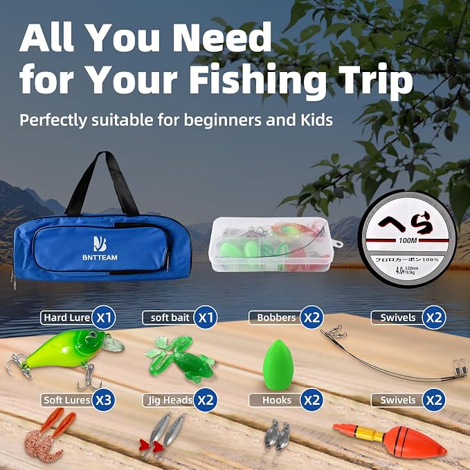 Portable Fishing Spinning Rod and Reel Combo Set Carbon Fiber Fluorescent Rod Tip, with Fishing Lures Line Carrier Bag Kits for Travel Surf Saltwater Freshwater