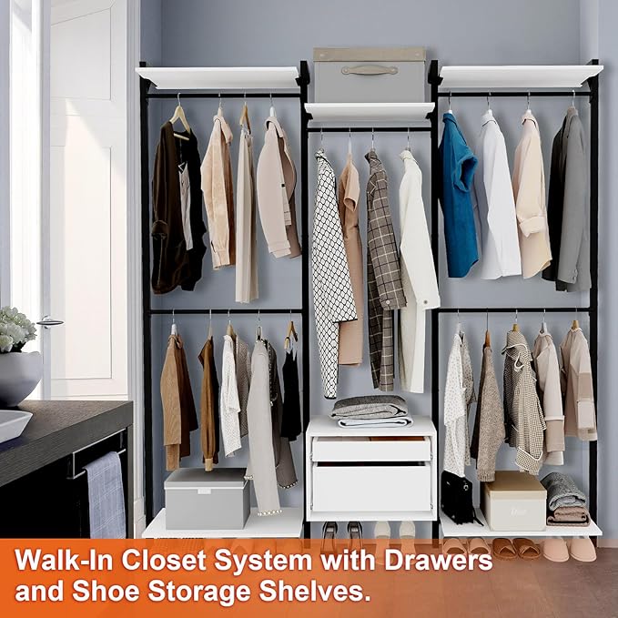 Wall-Mounted Steel & Wood Closet Organizer System with 4 Adjustable Shelves, 5 Hanging Rods, and 2 Drawers – Modern Open Wardrobe, White