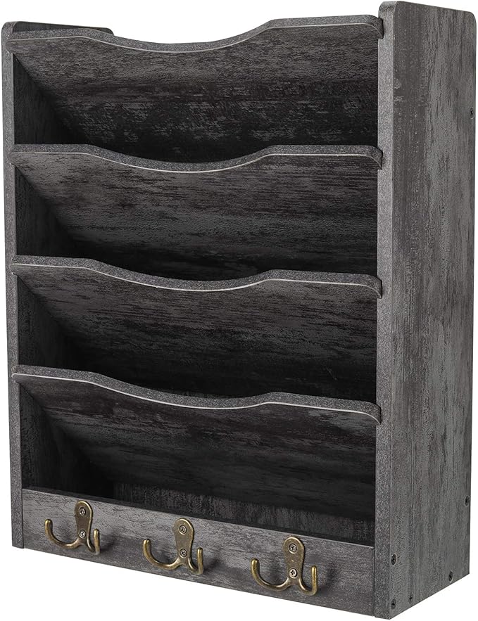 PAG 5-Tier Wall File Holder Hanging Mail Organizer Wood Magazine Literature Rack with 6 Hooks, Dark Gray
