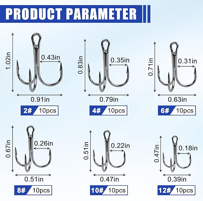 Fishing Treble Hooks Kit High Carbon Steel Treble Fishing Hooks Ring Set Strong Sharp Round Bend for Trout Bass Catfish Lures Baits Freshwater Saltwater