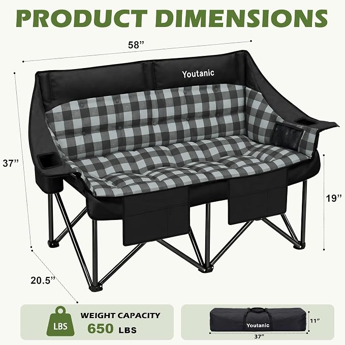 Youtanic Double Camping Chair, Heavy Duty 650lbs Padded Loveseat for Adults, Folding 2 Person Camp Couch with Cup Holder & Carry Bag, Wide Plaid Portable Lawn Seat for Outdoor Beach Sports, Black