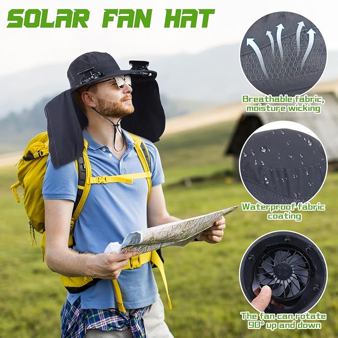 Chuarry Wide Brim Sun Hat with 2 Solar Fans and Neck Flap Outdoor Solar Powered USB Charging Bucket Fishing Hat for Men Women