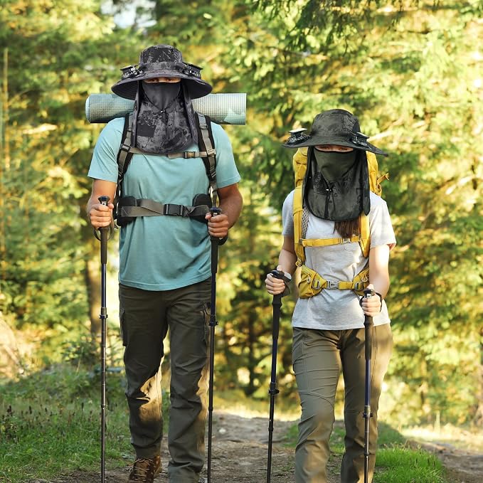Glitopper 2 Pcs Solar Fan Hat with 2 Fan Wide Brim Removable Face Cover Cooling Fishing Buckets Hats