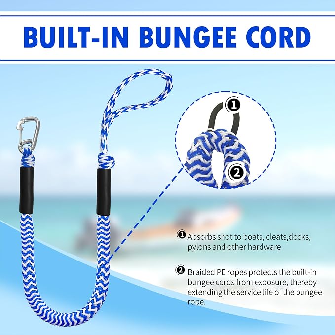 Boat Bungee Dock Lines – Adjustable Boat Tie Downs for Pontoon, Jet Ski, PWC, Kayak | Single Hook Small Cruiser Mooring Lines | (2, Blue & White, 4 Feet)