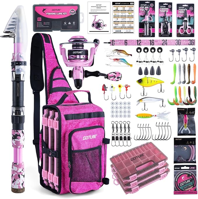 Goture Pink Fishing Rod and Reel Combo - ML Action Spinning Reel Pole with Pink Bag - Telescopic Rod Kit for Starter Travel Saltwater Freshwater, Gift for Woman