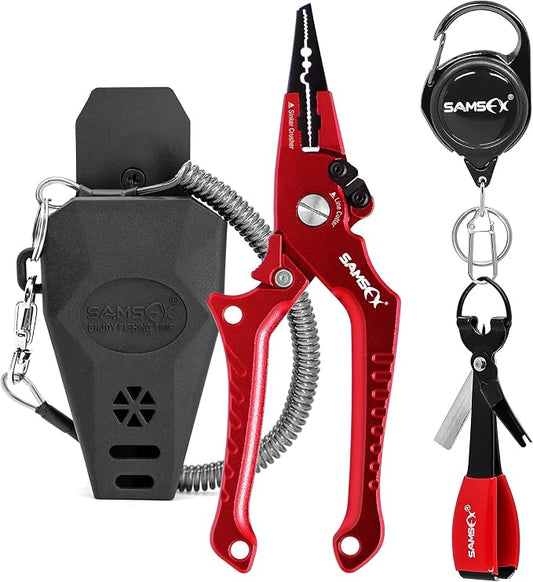 SAMSFX Aluminum Fishing Pliers Hook Remover Braid Line Cutter with Coiled Lanyard, Fly Fishing Knot Tying Tool & Retractors