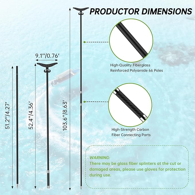 itayak 8.63ft/12.3ft Shallow Water Anchor Pole, Fiberglass Boat Anchor with T-Handle, Pole Anchor with 316 Stainless Tip for Boat, Fishing Kayak (Gloves Included)