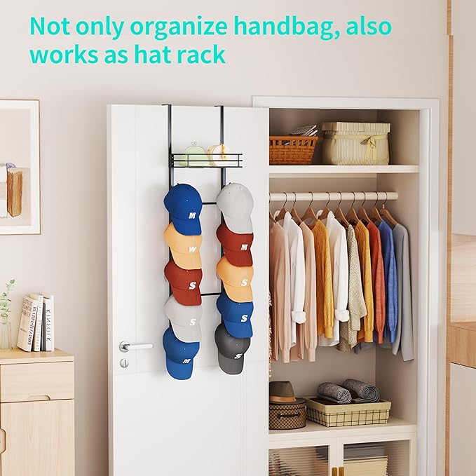HapiRm Over The Door Purse Organizer - Wall Mounted Purse Rack with 10 Hooks and Metal Basket, Hanging Handbag Organizer Holds up to 10 Bags, Bag Rack Can Use As 1/2 Part, for Door, Closet (Black)