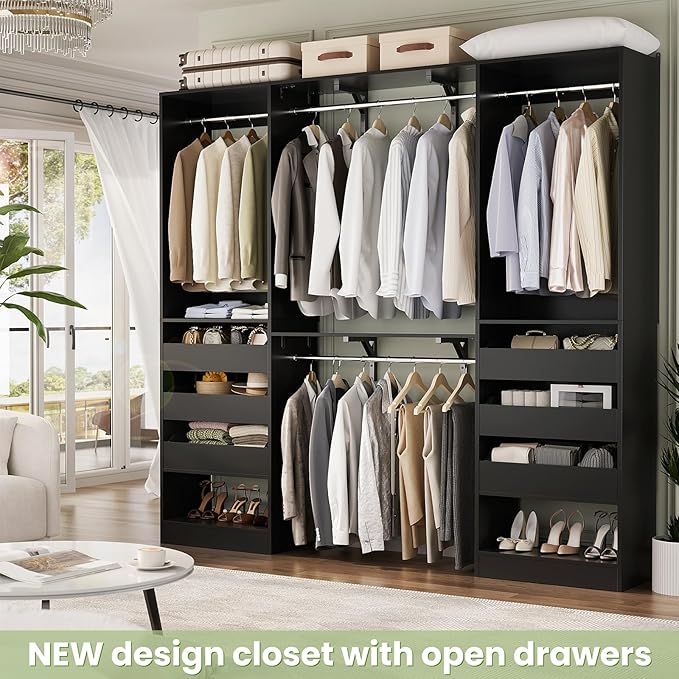 60" Wide x 80" Tall Closet System with 3 Half-Open Wooden Drawers, 5FT Closet Organizer System with 2 Hanging Rods & Removable Tower, Freestanding Wardrobe Organizer for Walk-in Bedroom, Black