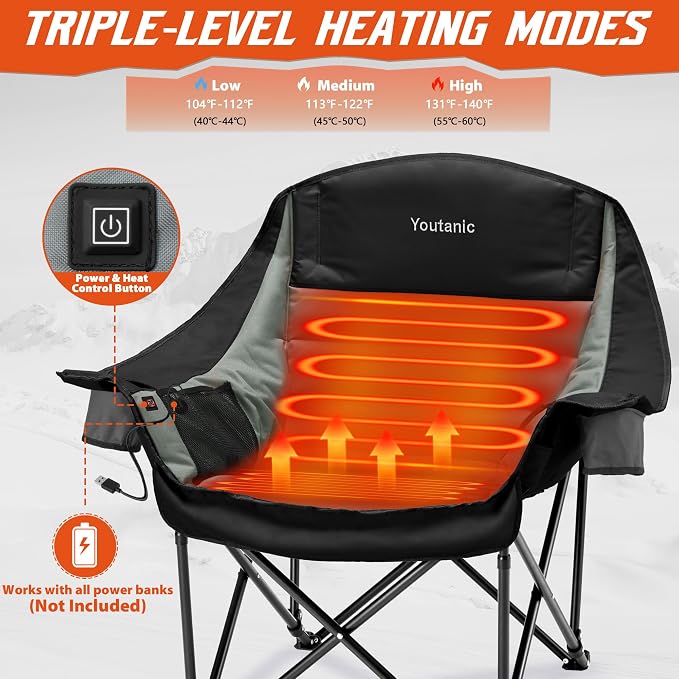 Youtanic Oversized Extra Large Heated Padded Camping Chair up to 500lbs, 3 Heat Levels Camp Chair with Carry Bag, Outdoor Heating Folding Chairs for Adults, Fishing, Sports, Picnic, Black-Gray