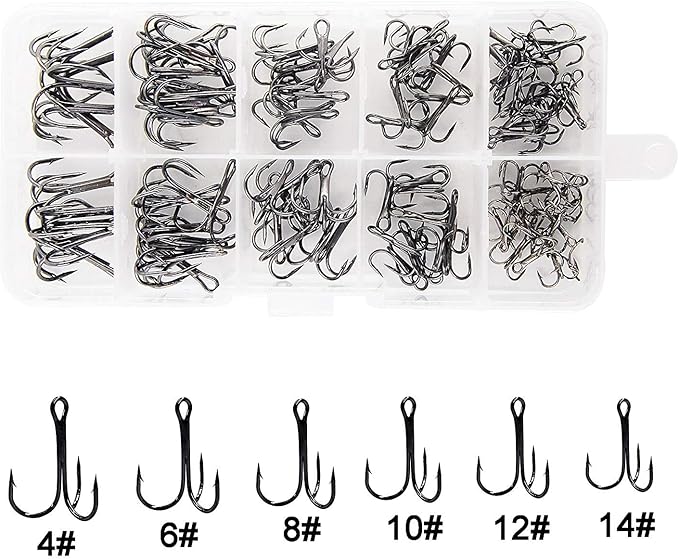 Fishing Treble Hooks Kit High Carbon Steel Treble Fishing Hooks Ring Set Strong Sharp Round Bend for Trout Bass Catfish Lures Baits Freshwater Saltwater