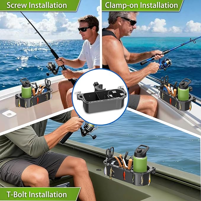 Boat Caddy Organizer, 3-in-1 Mount (Screw/Fishing Boat Track/Clamp-On), Removable Divider Card & Anti-Slip Pad, Fits 40oz Tumbler, for Boat Kayak Tree Stand Bicycle Walker Wheelchair