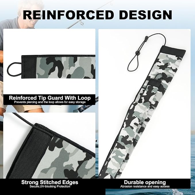 Neoprene Camo Fishing Rod Sleeves,Fishing Pole Sleeves,Fishing Rod Socks | UV Resistance,Puncture Resistant, Protect Casting, Spinning, Trolling Fishing Rods, Storage, tangled-free,75in,68in,60in