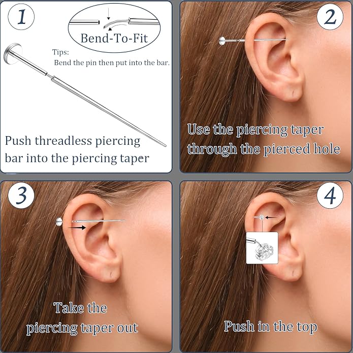 14G 16G 18G 20G Piercing Taper Piercing Ball Grabber Tool Stainless Steel Flat Back Earring Applicator Tool Threadless Insertion Pin Curved Body Piercing Kit for Ear/Nose/Navel/Lip/Eyebrow