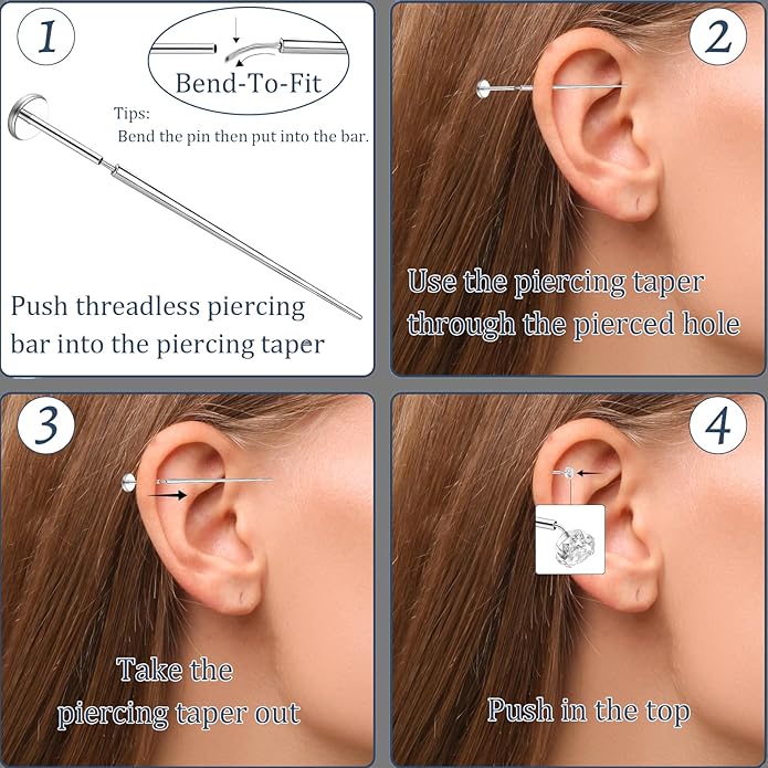 14G 16G 18G 20G Piercing Taper Piercing Ball Grabber Tool Stainless Steel Flat Back Earring Applicator Tool Threadless Insertion Pin Curved Body Piercing Kit for Ear/Nose/Navel/Lip/Eyebrow