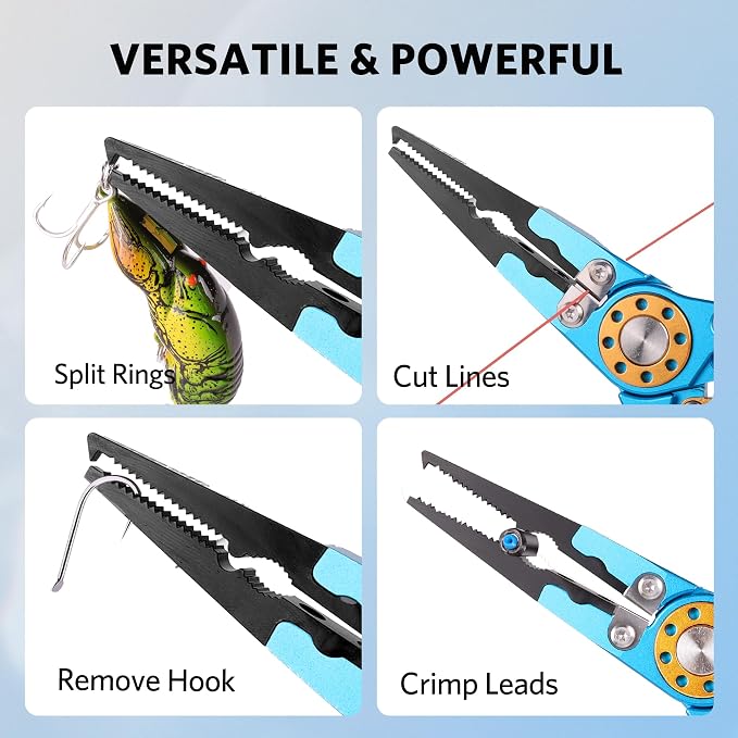 Fishing Pliers Saltwater, Split Ring Pliers Hook Remover with Safety Lock, Fishing Tools with Sheath and Lanyard, Fishing Gifts for Men
