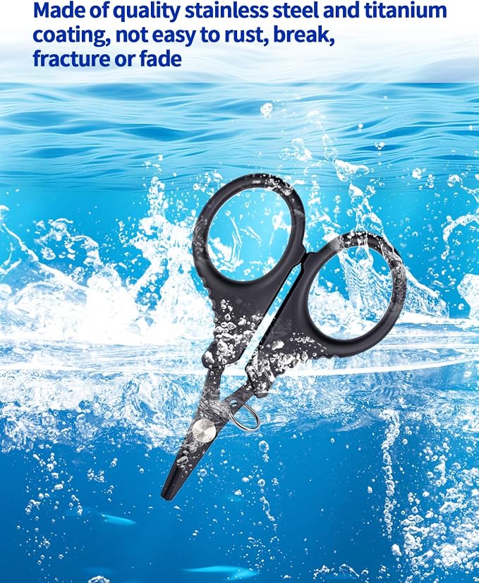 6 Pieces Fishing Scissors, Stainless Steel Fishing Line Cutter &braided Line Cutter, Cutters with Titanium Coating-Fishing with Hook and Retractable Coil Lanyards Fishing Accessories (Black)