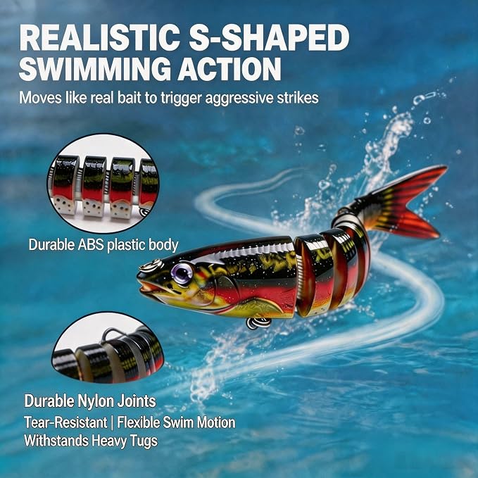 Multi-Jointed Swimbaits 5.1in Slow Sinking Fishing Lures, Premium ABS Hard Bait with Gravity Transfer System, Anti-Rust #6 Treble Hooks, Lifelike 3D Eyes for Bass Trout Walleye Pike